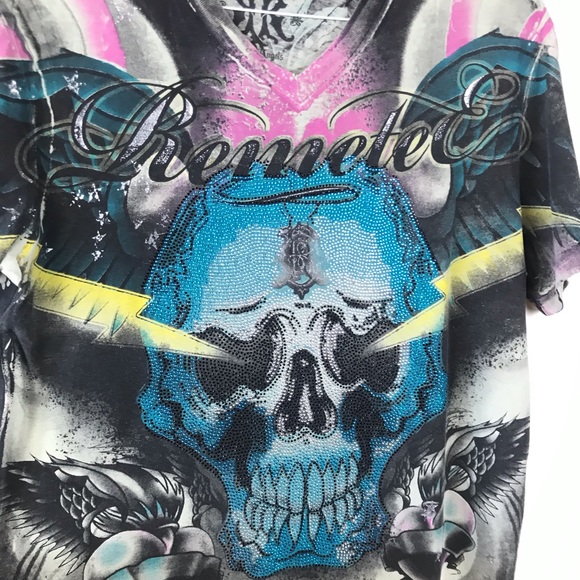 Remetee Affliction crystal skull graphic t shirt S - Picture 4 of 9